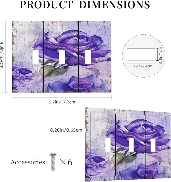 Light Switch Cover Purple Rose Flower Rustic Wood Plank 3 Gang Wall Plate Triple Light Switch Plate Toggle Decorative Outlet Covers Electrical Switchplate for Farmhouse Bathroom Decor