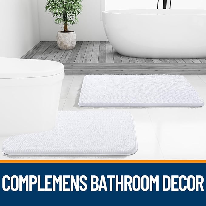 OLANLY Bathroom Rugs Sets 3 Piece, Soft Absorbent Chenille Bath Mats and U-Shaped Contour Toilet Rug, Quick Dry, Home Decor Accessories, Bath Mat Set for Bathroom (36"x24"+24"x16"+24"x20", White)
