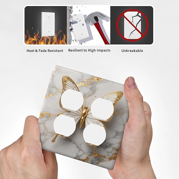 Gold Marble Shine Butterfly Abstract Modern Print Outlet Covers 2 Gang Double Duplex Decorative Light Switch Covers Electrical Wallplates Socket Faceplate for Bed Room Bathroom Decor