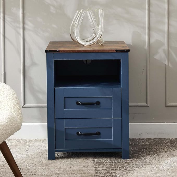 Blue Night Stand, Rustic End Table with Charging Station, Farmhouse Tall Nightstand for Bedroom, Drawer Dresser Bedside Table with Open Storage Shelf