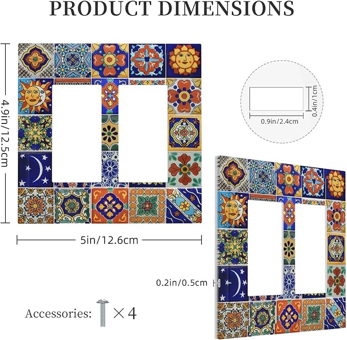 Decorative Outlet Covers Mid Century Talavera Shaped Tiles 2 Gang Double GFCI Rocker Electrical Wall Panels Light Switch Cover Plate for Bedroom Bathroom Decor