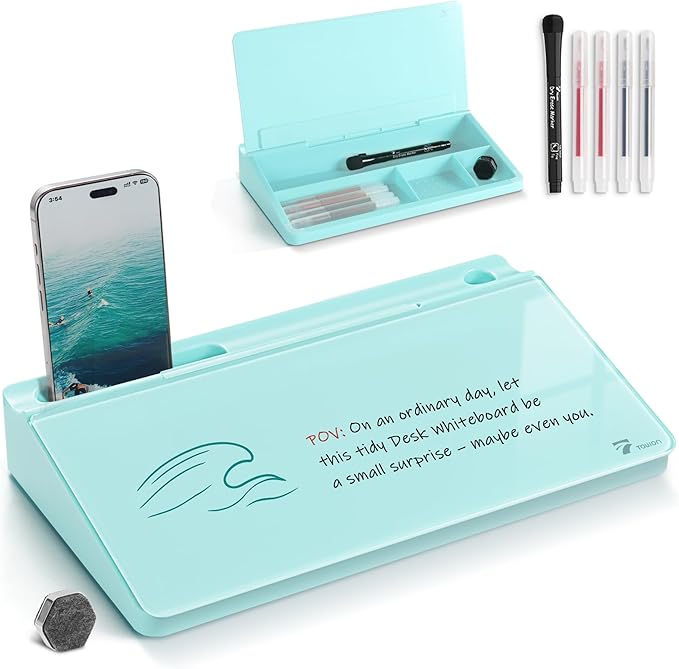 TOWON Small Compact Glass Desktop Whiteboard with Storage – 12 x 7 in Dry Erase Board for Desk, Home Office, School | Includes 5 Markers, Eraser & Holder | Space-Saving Organizer, Aesthetic Aqua Blue