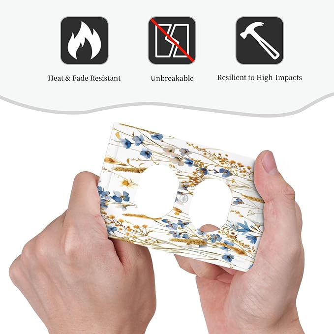 Vintage Wildflower Blue Gold Country Fall Wheat Floral Outlet Covers 1 Gang Duplex Light Switch Cover Decorative Switch Plates Electrical Receptacle Faceplate Wall Plate for Bedroom Living Room Decor