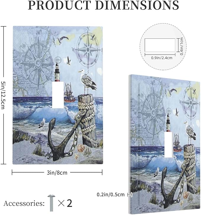 Light Switch Cover Sea Ocean Sand Coast Compass Ship Lighthouse Anchor 1 Gang Wall Plate Cover Single Toggle Outlet Covers Decorative Switchplate Electrical Faceplate for Bathroom Decor