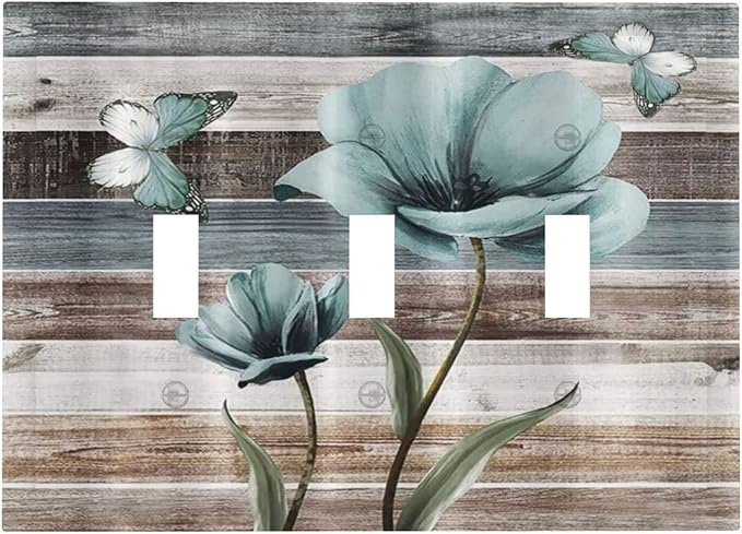Rustic Vintage Teal Floral Barn Wood 3 Gang Light Switch Covers Decorative Triple Toggle Wall Plate Cover Turquoise Flower Butterfly 3 Hole Electrical Device Switchplate for Farmhouse Bathroom