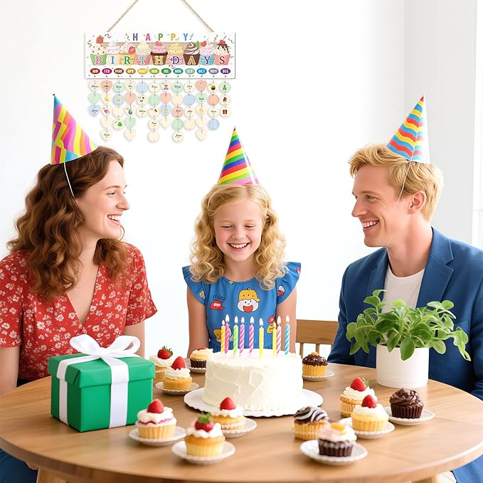 CHDITB 3D Classroom Birthday Chart Wall Hanging(16"x5"), Wooden Family Calendar Reminder for Classroom Students Kids, Cute Cupcake Theme Birthday Board Tracker with 100 Round Heart Tags