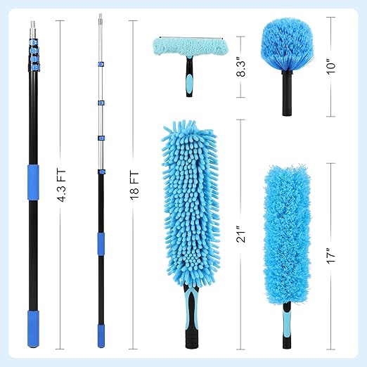 25 Foot High Ceiling Fan Duster with 5-18ft Extension Pole, Heavy Duty High Reach Duster Kit for Cleaning, Window Squeegee with Scrubber, Washable Dust Brush for High Roof and Glass Surfaces