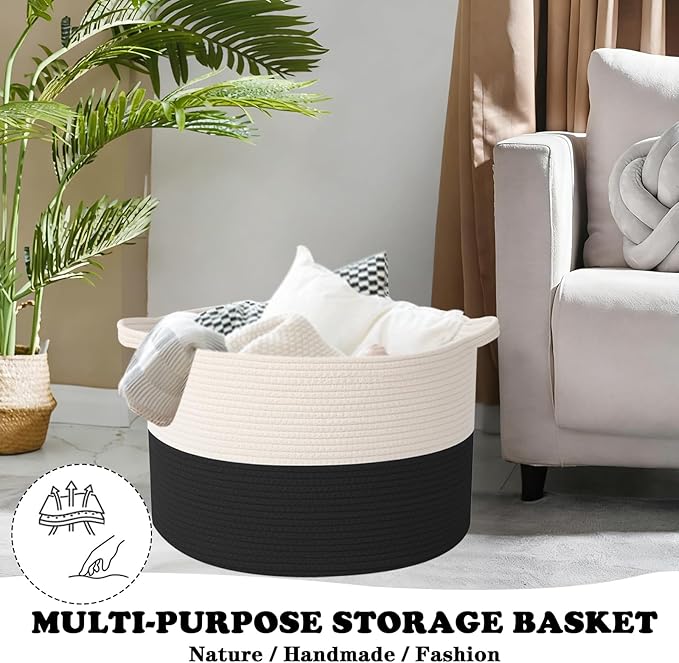 Large Storage Basket with Handle,23.6" x 23.6" x 15.7" Blanket Basket Storage Bins for Organizing,65L Cotton Rope Woven Baskets for Living Room, Nursery,Bedroom,White&Black