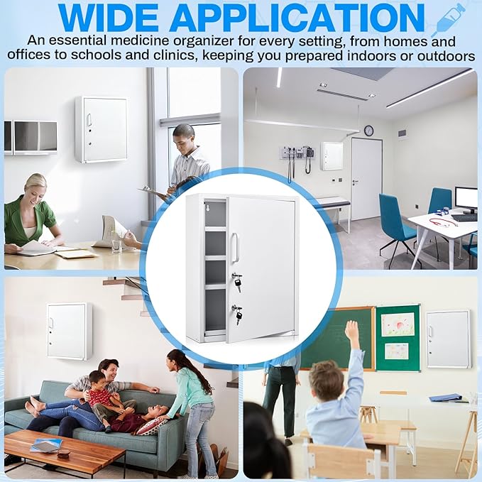 Zonon Locking Medication Cabinet with Document Pocket, Metal Wall Mounted Medication Cabinet with Dual Keys and Lock (White,21 x 16 x 6 Inch,Right Angle)