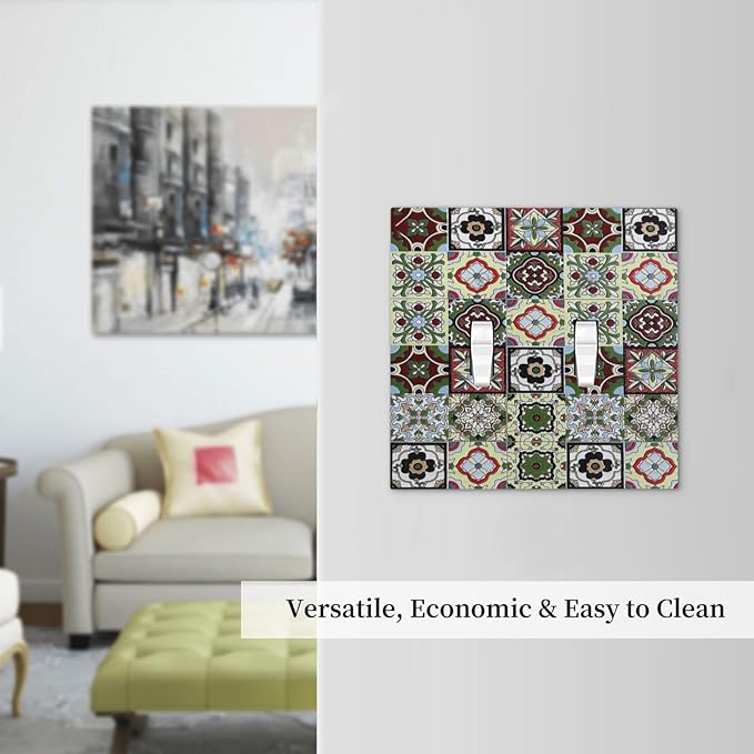 Decorative Switch Plates Talavera Tile Decal 2 Gang Double Toggle Outlet Light Switch Cover Wall Plate Electrical Faceplate for Bedroom Bathroom Decor