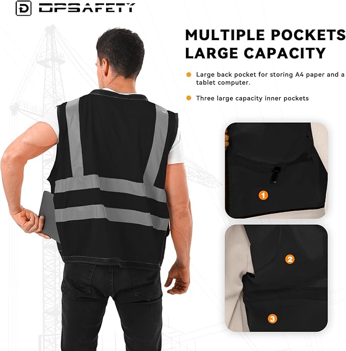 Reflective Safety vest With back plan pocket,High visibility Class 2 Heavy Duty Surveyor Vest with Zipper,Hi Vis Vest ANSI/ISEA Standard, Construction Work Vest for Men＆Women(Black,4XL)