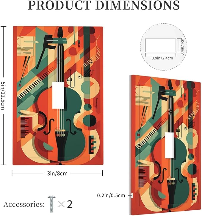 Decorative Light Switch Cover Violin Abstract Jazz Colorful Painting 1 Gang Single Toggle Device Electrical Faceplate Switchplates Decorator Outlet Wall Plate for living Room Office Decor