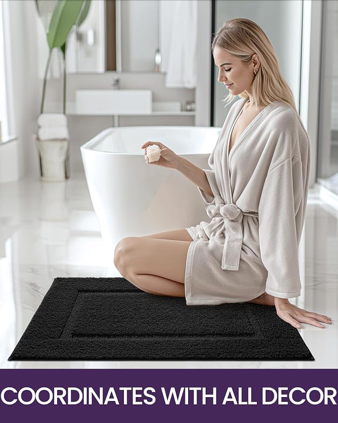 DEXI Bathroom Rugs 43x24, Washable Non Slip Bath Mat for Shower Floor, Absorbent Quick Dry Bathmat with Rubber Backing, Ultra Soft Plush Carpet for Tub, Black