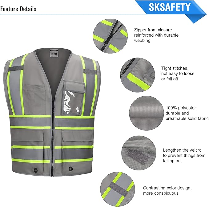 SKSAFETY 10 Pockets Safety Vest, Class 2 High Visibility Security with Zipper, Hi Vis Vest with Reflective Strips, ANSI/ISEA Standard, Construction Work Vest for Men ＆ Women （Grey,2XL）