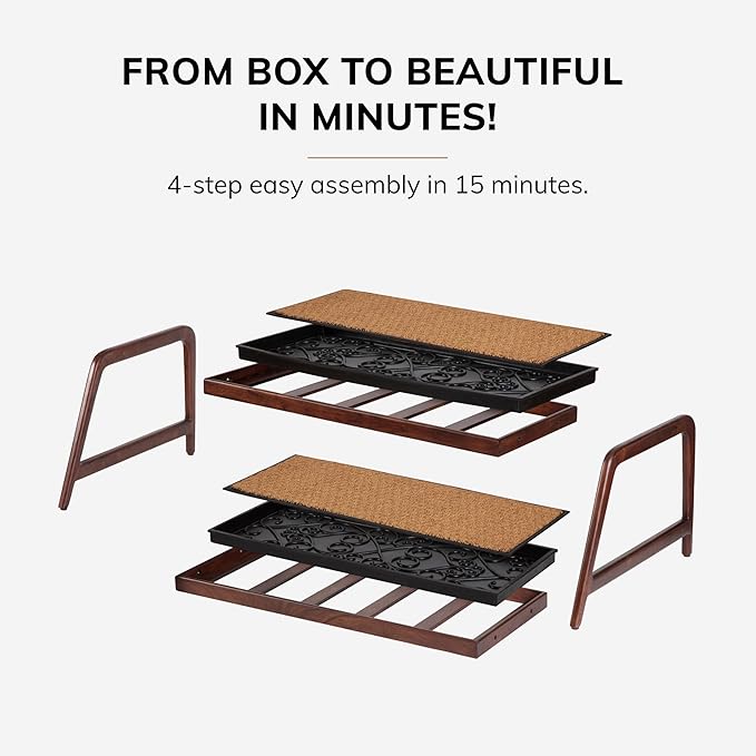 Anji Mountain Heavy Duty Waterproof Wooden Shoe Storage Mat Organizer/Boot Storage Tray Multi Use for Entryway with Coir, Gray and Ivory Insert, 2 Tier, Fits 6 Pair (36.5" Wide)