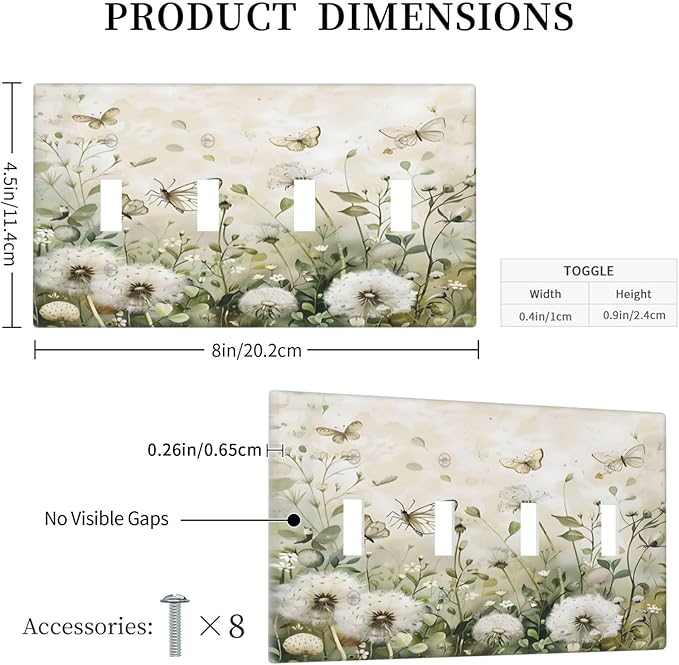 Dandelions Butterflies Watercolor Wildflowers Floral Light Switch Covers Quad Toggle Electrical Faceplate 4 Gang Wall Plate Decorative Switch Plates Cover for Bedroom Living Room Decor