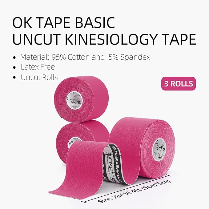 OK TAPE Regular Kinesiology Tape (3 Pack), Original Cotton Athletic Tape for Support Muscle Joint Knee, Sports Waterproof Tape Uncut Strips Latex Free, Hypoallergenic, 2in×16.4ft - Pink