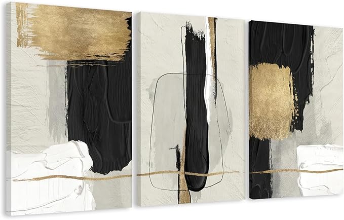 DUWQU 3 Piece Black and Gold Abstract Canvas Wall Art, Modern Black Gold and White Wall Decor, Minimalist Grey Beige Block Art Prints for Living Room Bedroom Office Home Decorations 16×24x3 Inch