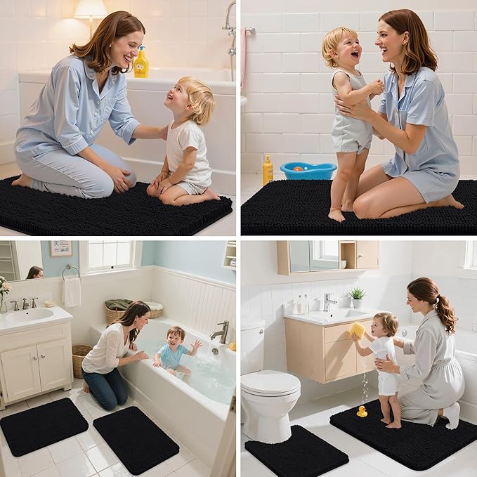 Arotive Bathroom Toilet Rugs U Shaped 24x20, Extra Soft Absorbent Shaggy Chenille Contour Bath Rugs for Toilet, Machine Washable Non-Slip Contoured Bath Mats, Black
