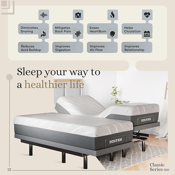 Sven & Son Classic Adjustable Bed Base, Head and Foot Lift, Massage, Under-Bed Lights, USB, Gel Memory, Zero Gravity Smart Frame - Split California King + 14 inch Hybrid Spring Matt (Medium Soft)