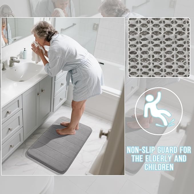 Yimobra Memory Foam Bath Mat, Super Soft Absorbent Bathroom Rug Non Slip, Quick Dry, Machine Washable Floor Carpet for Tub Shower, Home Decor Accessories, 24x17, Grey