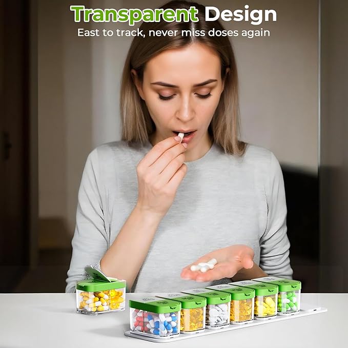 Odaro Extra Large Weekly Pill Organizer 2 Times A Day, Pill Box 7 Day Am Pm to Hold Daily Medicine Vitamin and Supplements - Green