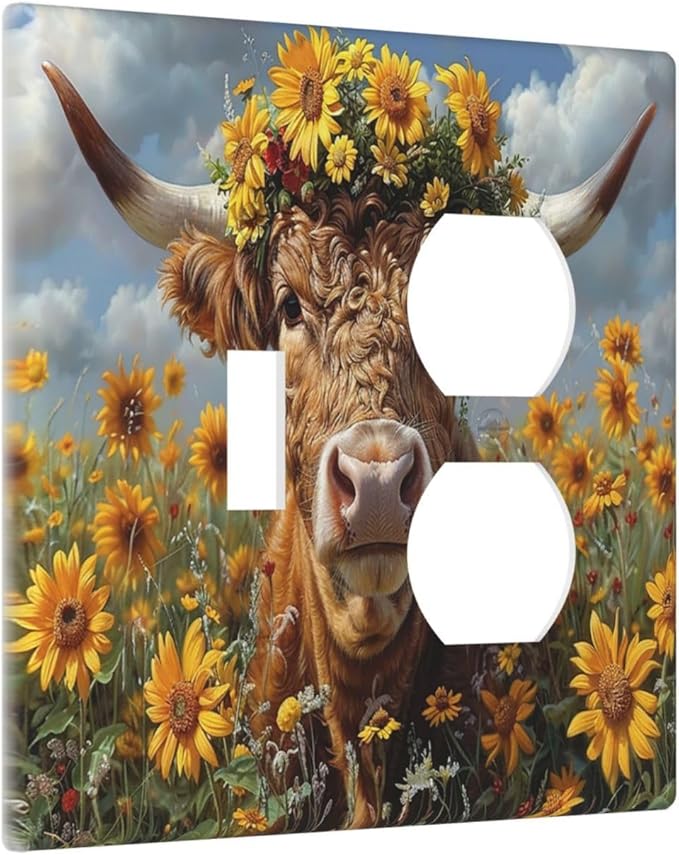 Wallplates Vintage Sunflower Highland Cow Rustic Art 1 Toggle 1 Duplex Switch Plate Electrical GFCI Faceplate Decorative Light Switch Covers for Bedroom Farmhouse Decor