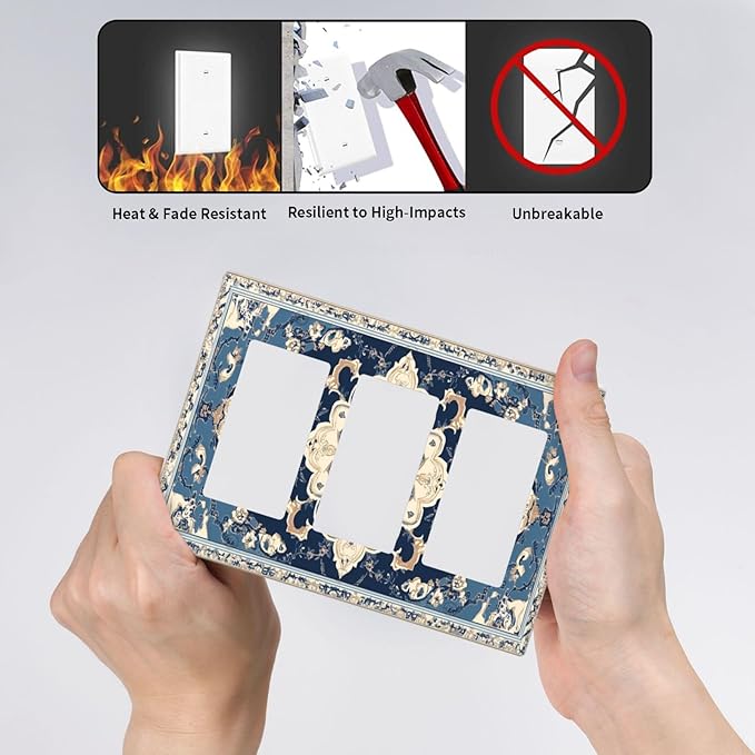 Decorative Outlet Covers Boho Beige Navy Blue Medallion 3 Gang Gfci Wall Plate Triple Rocker Light Switch Cover Plate Switch Plate Covers for Country Bathroom Bedroom Decor