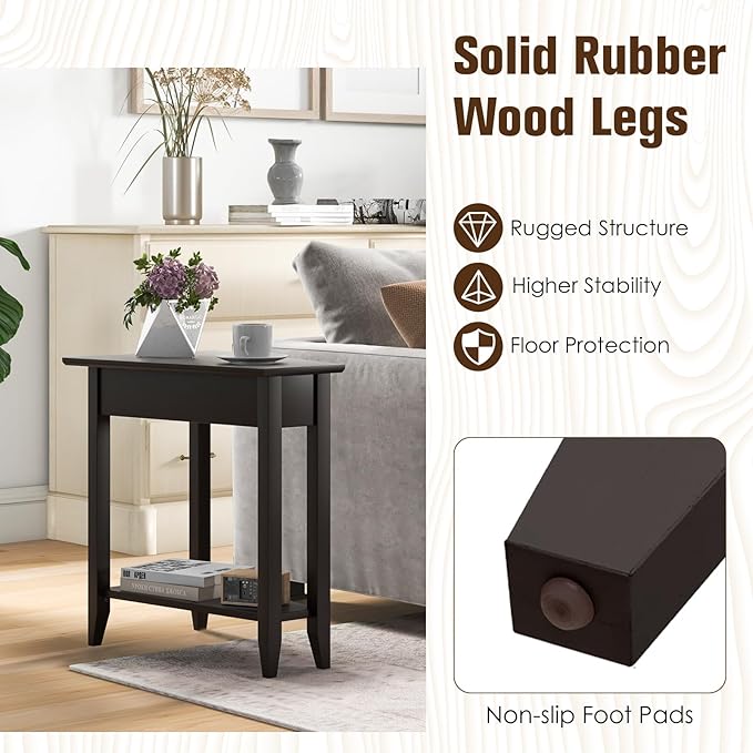 Giantex Wedge End Table Set of 2, Triangle Side Table with Storage Shelf and Solid Wood Legs, Recliner Table, 24.5" Tall Nightstand, Modern Narrow Accent Table for Small Space Living Room, Espresso
