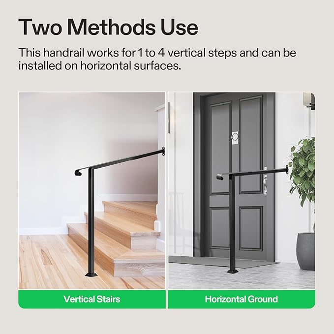 VIVOSUN Outdoor Handrail, 3 Step Stair Handrail, 39.5" x 39" Fits 1 to 3 Steps, Wrought Mattle Iron Stair Railing with Single Curved End for Concrete Steps, Porch Steps, One-Step Assembly, Black