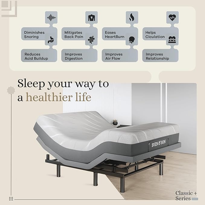 Sven & Son Harmony Adjustable Bed Base, Head and Foot Lift, Massage, Under-Bed Lights, USB, Gel Memory, Zero Gravity Smart Frame - Full + 14 inch Hybrid Spring Matt (Medium Soft)