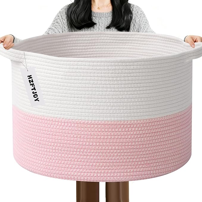 Large Storage Basket with Handle,23.6" x 23.6" x 15.7" Blanket Basket Storage Bins for Organizing,65L Cotton Rope Woven Baskets for Living Room, Nursery ,Bedroom,White&Pink