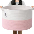 Large Storage Basket with Handle,19.7" L x 19.7" W x 13" H Blanket Basket Storage Bins for Organizing,65L Cotton Rope Woven Baskets for Living Room, Nursery ,Bedroom,White&Pink