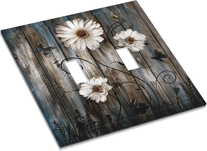 Rustic Wood Background Floral Butterfly Daisy Decorative Switch Plates 2 Gang Double Toggle Outlet Light Switch Cover Wall Plate Electrical Faceplate for Farmhouse Bedroom Decor