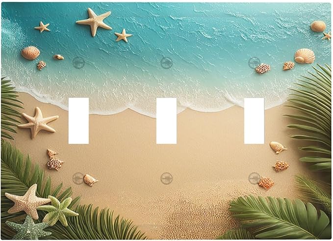 Decorative Switch Plates Summer Beach Themed Starfish Seashells 3 Gang Wall Plate Triple Toggle Light Switch Cover Faceplate Electrical Wall Panels for Bedroom Bathroom Decor