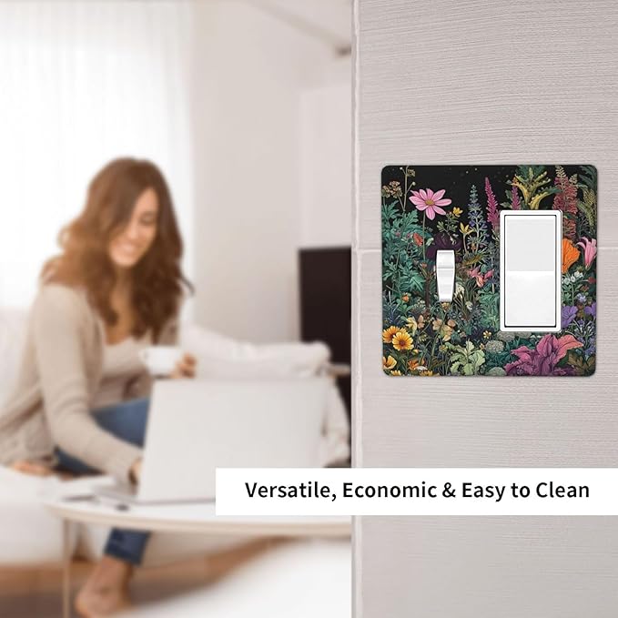 Decorative Outlet Covers Colorful Floral Dark Sky Wildflower Plants 2-Gang Combo Light Switch Cover Plate Single Toggle/Rocker Wall Plate Plug Switch Plate Covers for Bathroom Decor