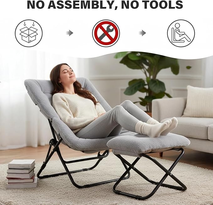 Tiita Folded Chair with Straight Ottoman, Soft Faux Fur Oversized Folding Accent Chair,Lounge Lazy Chair, Metal Frame Moon Chair for Bedroom, Living Room, Dorm Rooms, Garden and Courtyard, Grey