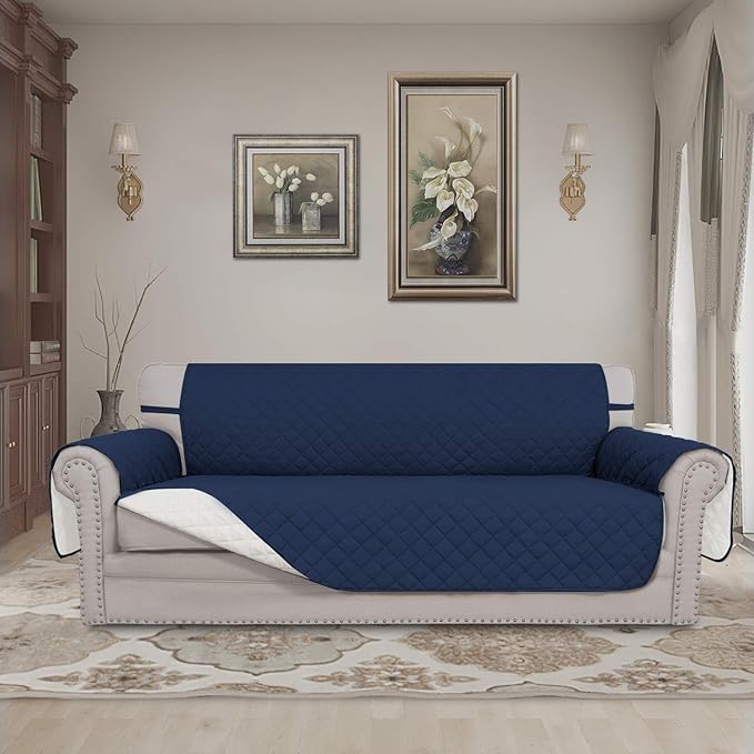 Easy-Going 4 Seater Sofa Slipcover Reversible Sofa Cover Water Resistant Couch Cover with Foam Sticks Elastic Straps Furniture Protector for Pets Children Dog Cat (XX-Large, Navy/Ivory)
