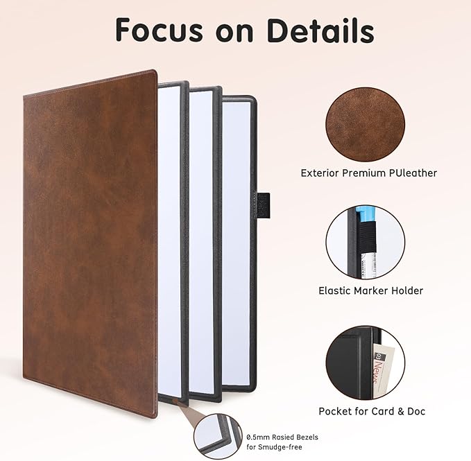 CoBak 6 Sides Portable White Board 12x9 inch (A4) - Notebook Design Dry Erase Small Board with Pocket, Anti-Ghosting Surface for Office, School, Homeschool with Gift Box (Brown Pocket Upgrade)