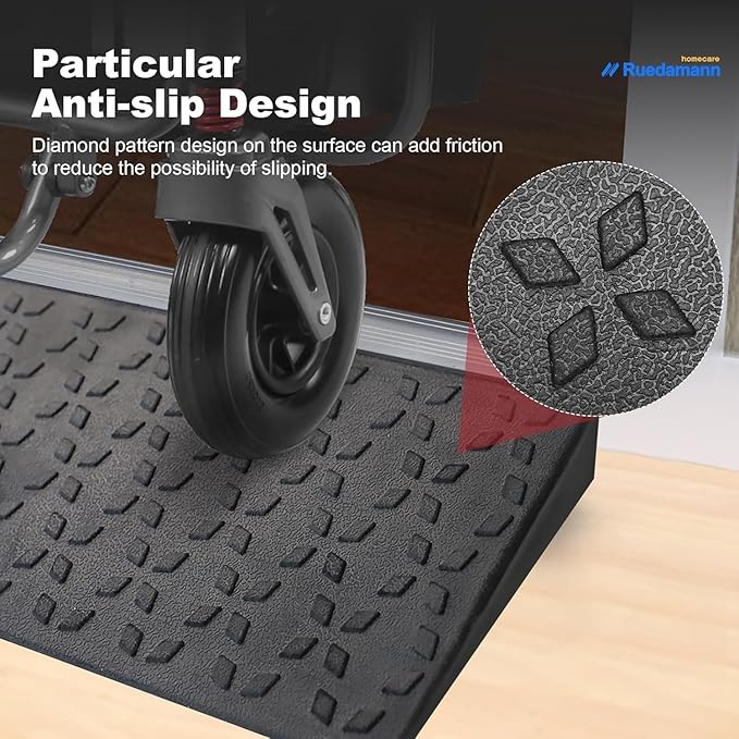 Ruedamann 1.8" Rise Threshold Ramps for Doorways, Sturdy Rubber Threshold Ramp, Non-Slip Ramp for Wheelchair for Home, Adjustable and Cuttable for Wheelchairs, Scooters, Sweepers, Curbs