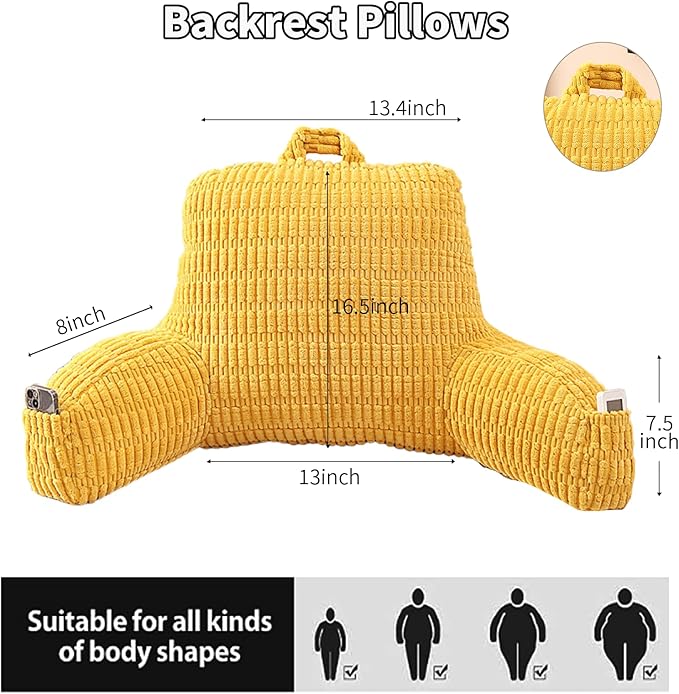 Reading Pillow for Sitting in Bed, Large Backrest Reading Pillow with Arm Rest,Back-Rest Support Cushion for Sit Up on Couch, Sofa, and Floor, Dorm Essentials (Yellow Corduroy, Standard(17"))