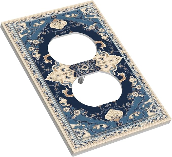 Outlet Covers Boho Beige Navy Blue Medallion Decorative 1 Gang Duplex Light Switch Cover Plate Receptacle Wall Plate Electrical Switch Plate Covers for Country Bathroom Bedroom Decor