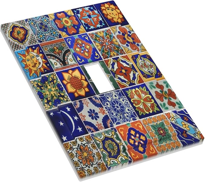 Decorative Light Switch Cover Mid Century Talavera Shaped Tiles 1 Gang Single Toggle Device Electrical Faceplate Switchplates Decorator Outlet Wall Plate for Bedroom Bathroom Decor