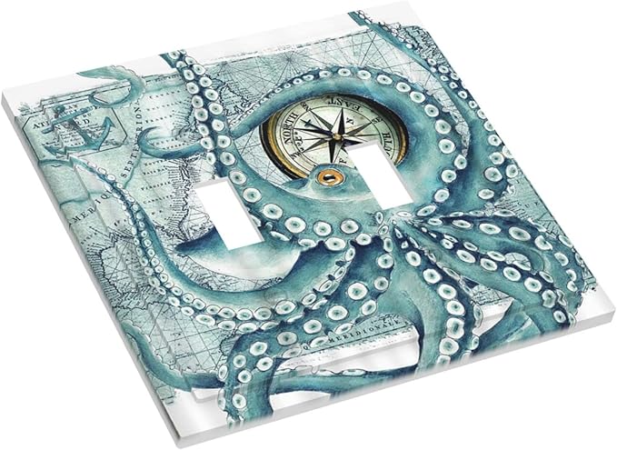 Vintage Nautical Octopus Eyes Funny Ocean Kraken Double Toggle Light Switch Covers Plate Decorative 2-Gang Wall Plate Cover Compass Pirate Map Dual Device Electrical Switchplate for Bathroom