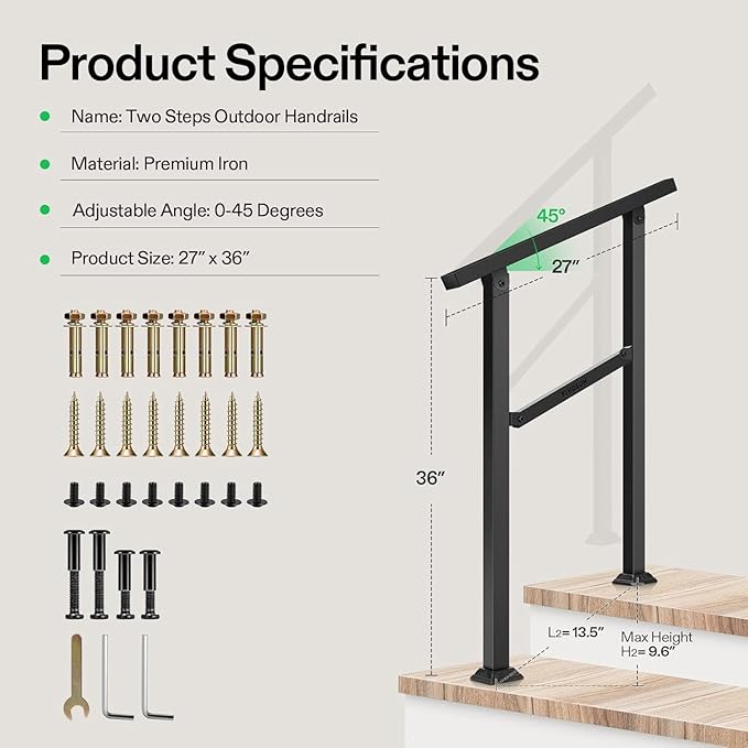 VIVOSUN Outdoor Handrail, 2 Step Stair Handrail, 26" × 36" Fits 1 to 2 Steps, Wrought Mattle Iron Handrail for Concrete Steps, Porch Steps, One-Step Assembly, Black
