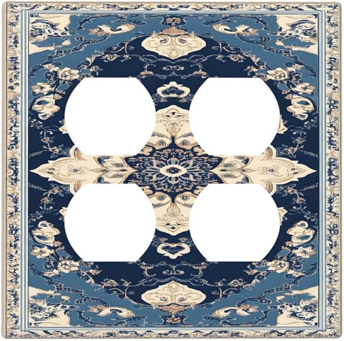 Decorative Switch Plate Covers Boho Beige Navy Blue Medallion 2 Gang Outlet Covers Double Duplex Light Switch Cover Plate Gfci Wall Plate for Country Bathroom Bedroom Decor
