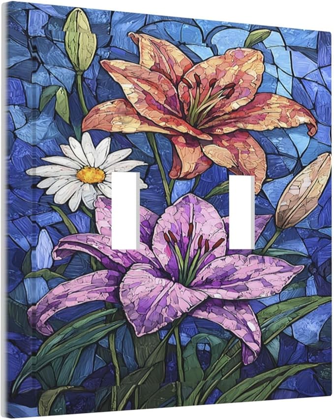 Decorative Switch Plates Vintage Colorful Flower Oil Painting Style 2 Gang Double Toggle Outlet Light Switch Cover Wall Plate Electrical Faceplate for Bedroom Bathroom Decor