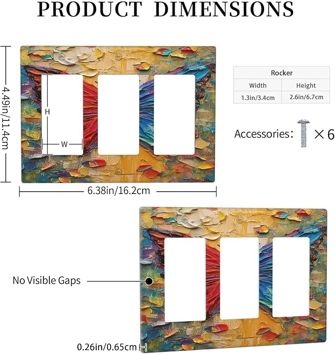 Light Switch Covers Colorful Butterfly Animal Insects Wall Art Abstract 3 Gang Rocker Electrical GFCI Decorative Triple Outlet Wall Plate Cover Switchplate for Bedroom Home Decor