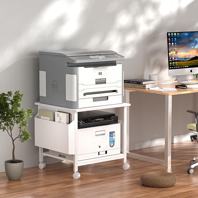 Large Printer Stand, 23.6 x 23.6 Inches Square Printer Stand with Storage Shelf, 2 Tier Printer Table for Home Office, Rolling Printer Cart with Lockable Wheels, Mobile Mini Fridge Stand Table, White