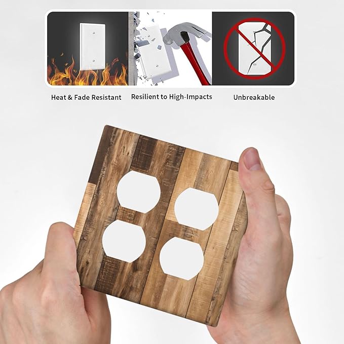 Rustic Brown Wood Splicing Vintage Dark Oak Print Outlet Covers 2 Gang Double Duplex Decorative Light Switch Covers Electrical Wallplates Socket Faceplate for Farmhouse Home Decor